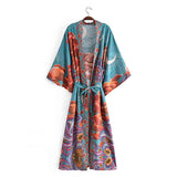 Boho Robe – “Oceane Moonlight” Bohemian Kimono Cover-Up in Blue Floral for Women
