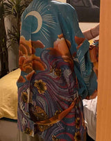 Boho Robe – “Oceane Moonlight” Lightweight Green & Pink Short Kimono Cover-Up for Lounge & Beach