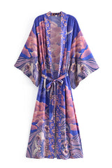 Boho Robe – “Oceane Moonlight” Bohemian Kimono Cover-Up in Blue Floral for Women