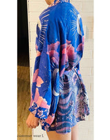 Boho Robe – “Oceane Moonlight” Lightweight Green & Pink Short Kimono Cover-Up for Lounge & Beach