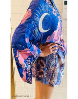 Boho Robe – “Oceane Moonlight” Lightweight Green & Pink Short Kimono Cover-Up for Lounge & Beach