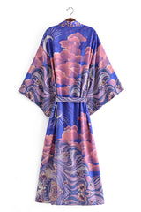 Boho Robe – “Oceane Moonlight” Bohemian Kimono Cover-Up in Blue Floral for Women