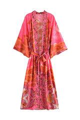 Boho Robe – “Oceane Moonlight” Bohemian Kimono Cover-Up in Pink Floral for Women