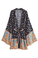 Boho Short Kimono Robe, Her Flaming in Navy