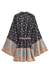 Boho Short Kimono Robe, Her Flaming in Navy