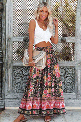 Boho Skirt, Hippie Skirts, Maxi Skirt, Eulalie Balck Pink Flower