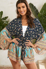 Boho Short Kimono Robe, Her Flaming in Navy