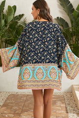 Boho Short Kimono Robe, Her Flaming in Navy