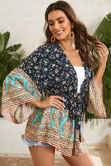 Boho Short Kimono Robe, Her Flaming in Navy