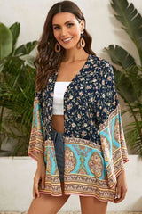 Boho Short Kimono Robe, Her Flaming in Navy