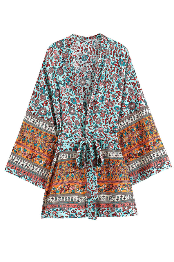 Boho Short Kimono Robe, Special Price, Isabella Daisy in Blue and Purple