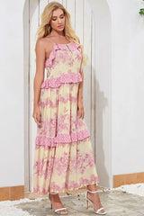 Boho Maxi Dress, Strappy, Delanry in Rosy Pink Stripe