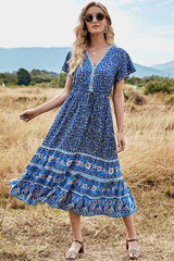 Midi Dress, Boho Dress, Sundress, Aubrey Eulalie in Brown and Blue