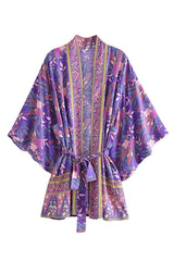 Boho Kimono Robe – “Forest in Purple” Floral Beach Short Cover-Up for Women