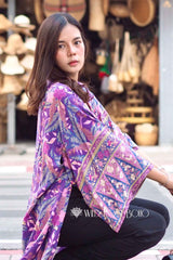 Boho Kimono Robe – “Forest in Purple” Floral Beach Short Cover-Up for Women