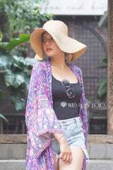Boho Kimono Robe – “Forest in Purple” Floral Beach Short Cover-Up for Women