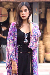 Boho Kimono Robe – “Forest in Purple” Floral Beach Short Cover-Up for Women