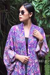 Boho Kimono Robe – “Forest in Purple” Floral Beach Short Cover-Up for Women
