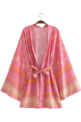 Boho Robe, Kimono Robe,  Beach Cover up, Short Robe, Amaryllis in Pink and Orange