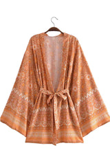 Boho Robe, Kimono Robe,  Beach Cover up, Short Robe, Amaryllis in Pink and Orange