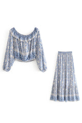 Boho 2 Piece Set, Matching Crop Top and Skirt, Wild Flower Blue Sky - Wild Rose Boho