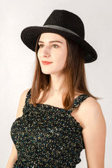 Boho Hat, Sun Hat, Beach Hat, Raffia Grass Fedora Jazz Hat, Mia Black Caramel - Wild Rose Boho