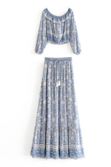 Boho 2 Piece Set, Matching Crop Top and Skirt, Wild Flower Blue Sky - Wild Rose Boho