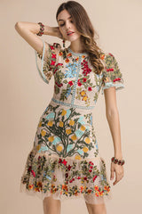 Mini Dress, Boho Vintage Dress, Embroidered Dress, Arabella Rose in White Apricot - Wild Rose Boho