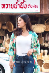 Boho Short Kimono Robe – “Lily Lotus” Green Floral Wrap Cover-Up for Women