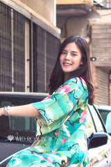 Boho Short Kimono Robe – “Lily Lotus” Green Floral Wrap Cover-Up for Women