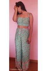 Boho 2 Piece Set, Matching Crop Top and Pant, Wild Floral in Mint Green - Wild Rose Boho