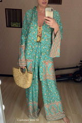 Boho 2 Piece Set, Matching Crop Top and Pant, Wild Floral in Mint Green - Wild Rose Boho