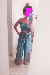 Boho 2 Piece Set, Matching Crop Top and Pant, Wild Floral in Mint Green - Wild Rose Boho
