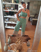 Boho Two Piece Set, Two Piece Pants Set, Wild Floral in Mint Green