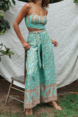 Boho 2 Piece Set, Matching Crop Top and Pant, Wild Floral in Mint Green - Wild Rose Boho