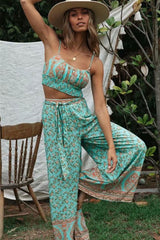 Boho 2 Piece Set, Matching Crop Top and Pant, Wild Floral in Mint Green - Wild Rose Boho
