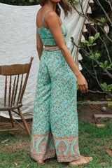 Boho 2 Piece Set, Matching Crop Top and Pant, Wild Floral in Mint Green - Wild Rose Boho