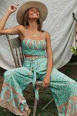 Boho 2 Piece Set, Matching Crop Top and Pant, Wild Floral in Mint Green - Wild Rose Boho