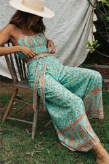 Boho 2 Piece Set, Matching Crop Top and Pant, Wild Floral in Mint Green - Wild Rose Boho