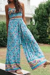 Boho 2 Piece Set, Matching Crop Top and Pant, Wild Floral Daisy Blue - Wild Rose Boho