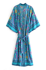 Boho Robe, Kimono Robe, Beach Cover up, Blue Sea Peony Bird