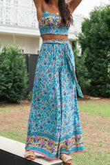 Boho 2 Piece Set, Matching Crop Top and Pant, Wild Floral Daisy Blue - Wild Rose Boho