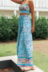 Boho 2 Piece Set, Matching Crop Top and Pant, Wild Floral Daisy Blue - Wild Rose Boho