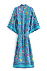 Boho Robe, Kimono Robe, Beach Cover up, Blue Sea Peony Bird