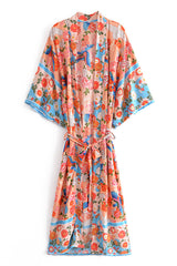 Boho Robe, Kimono Robe, Red Plum Blossom Seagul - Wild Rose Boho