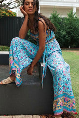 Boho 2 Piece Set, Matching Crop Top and Pant, Wild Floral Daisy Blue - Wild Rose Boho