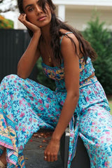 Boho 2 Piece Set, Matching Crop Top and Pant, Wild Floral Daisy Blue - Wild Rose Boho