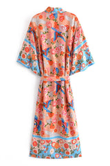 Boho Robe, Kimono Robe, Red Plum Blossom Seagul - Wild Rose Boho