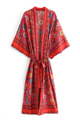 Boho Robe, Kimono Robe, Beach Cover up, Red Peony Bird