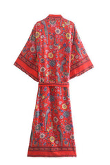 Boho Robe, Kimono Robe, Beach Cover up, Red Peony Bird